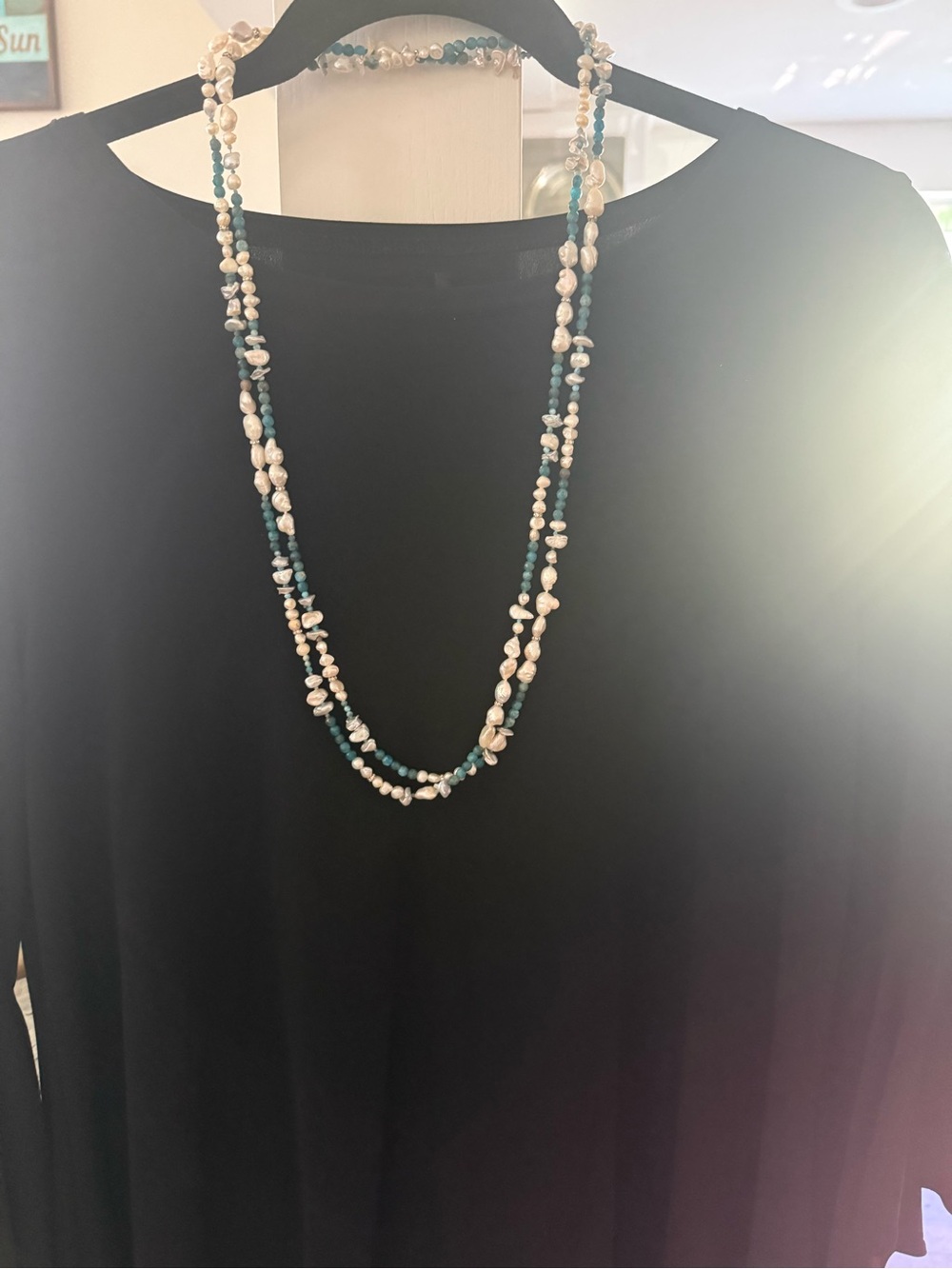 Double-Strand Pearl and Teal Bead Necklace